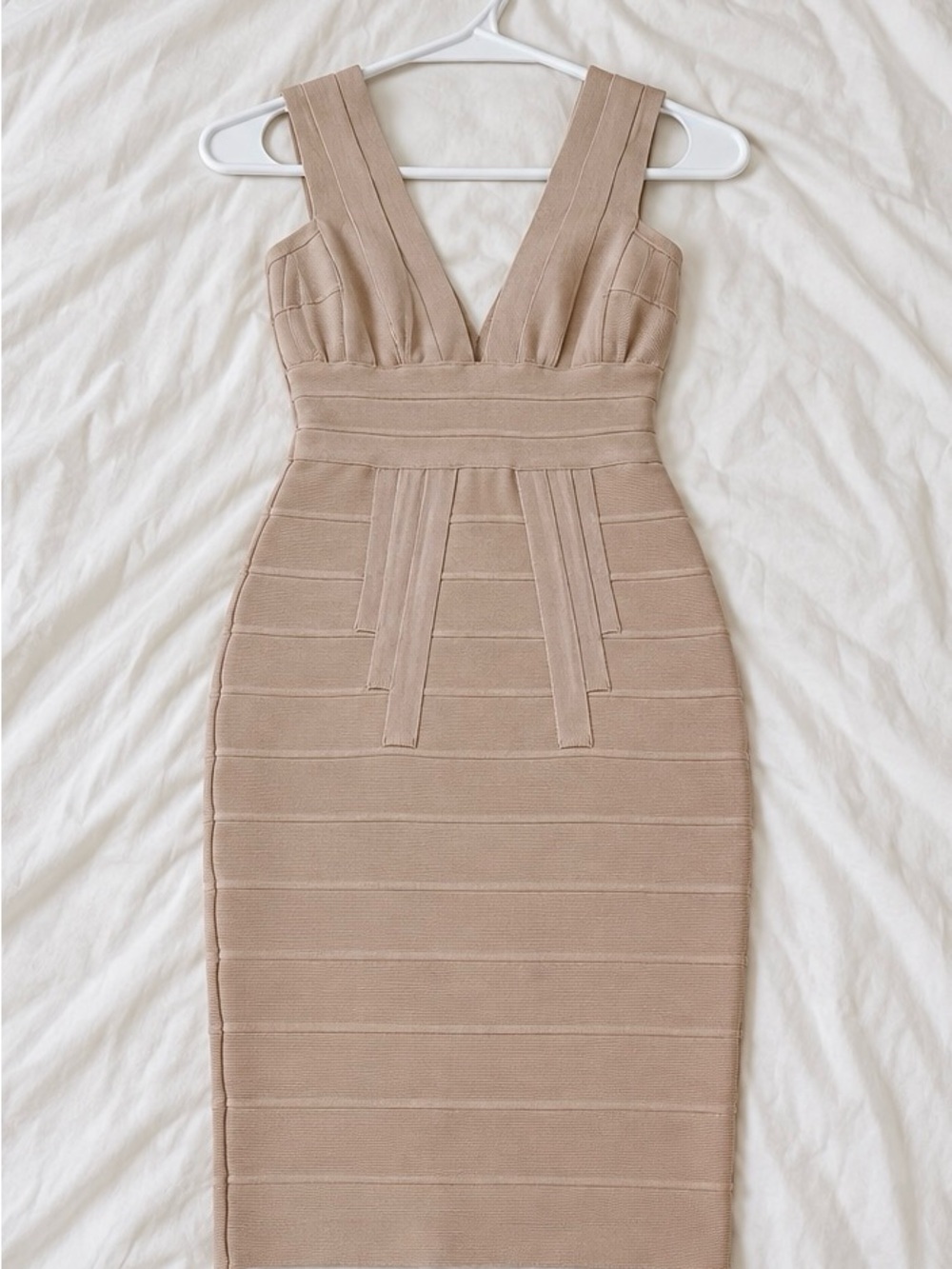 Hot Miami Styles Nude Beige Bandage Midi Dress with Plunging V